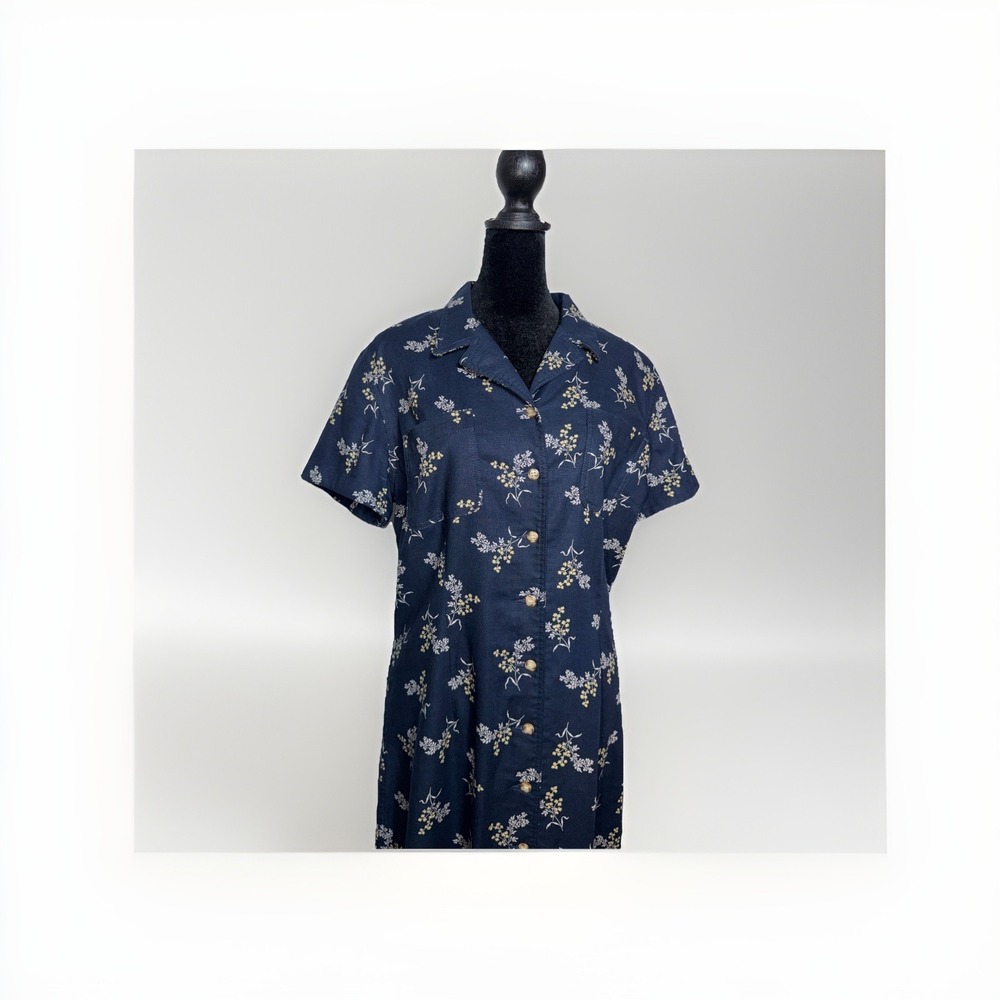 Vintage 90s Navy Floral Print Linen Blend Button Down Shirt Maxi Dress Size 12
